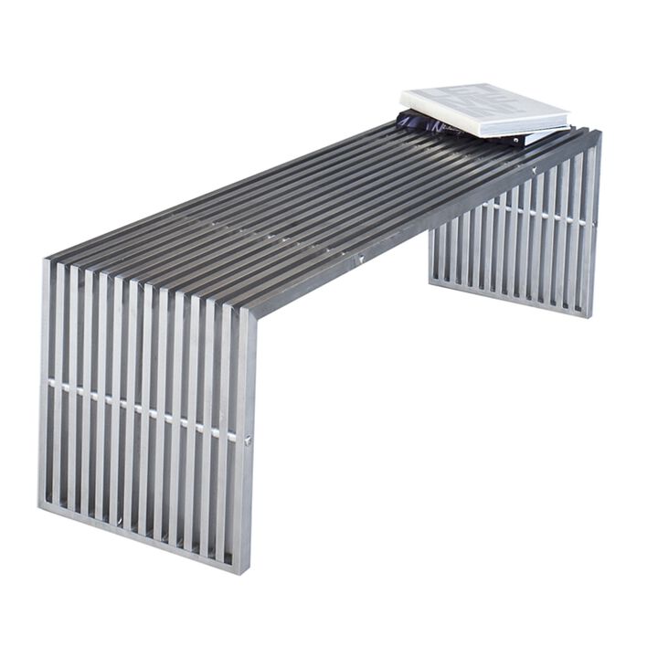 Niki 55 Inch Metal Bench, Slatted, Rectangular Shape, Brushed Silver Steel - Benzara