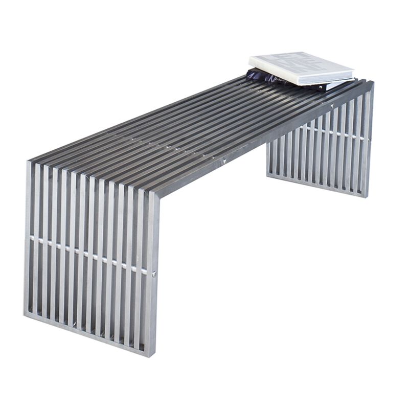 Niki 55 Inch Metal Bench, Slatted, Rectangular Shape, Brushed Silver Steel - Benzara
