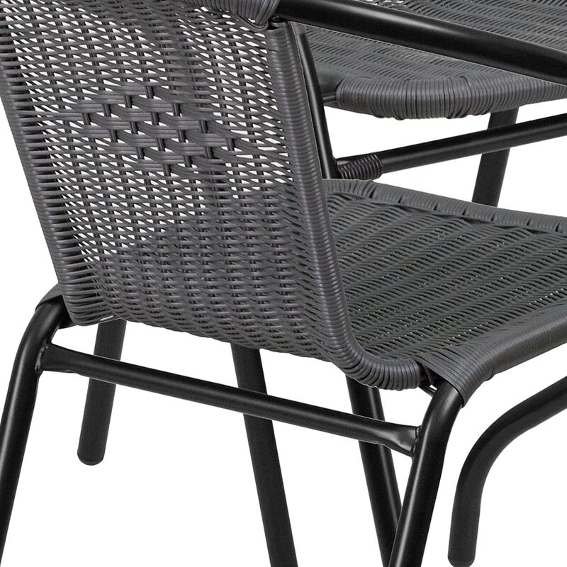 Flash Furniture Lila 28'' Round Glass Metal Table with Gray Rattan Edging and 4 Gray Rattan Stack Chairs