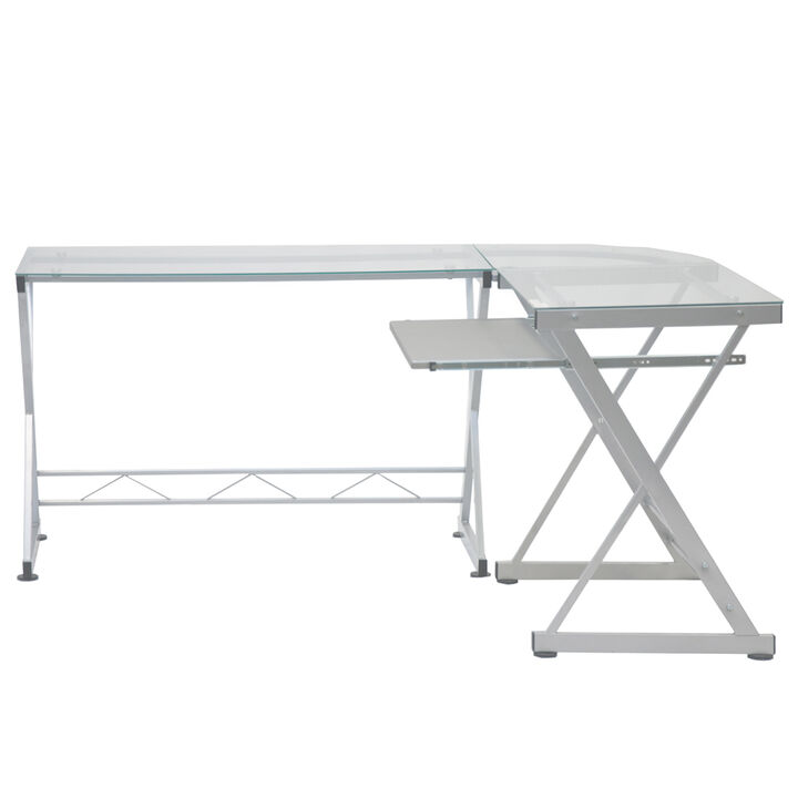 L-Shaped Tempered Glass Top Computer Desk With Pull Out Keyboard Panel, Clear