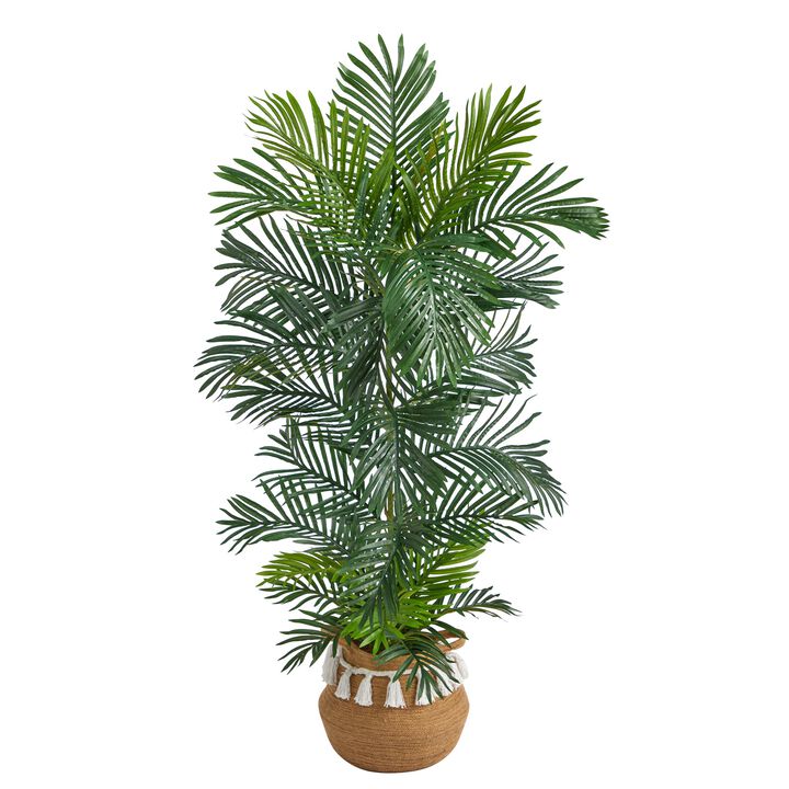 Hivvago 5 Feet Areca Artificial Palm Tree in Boho Chic Handmade Natural Cotton Woven Planter with Tassels UV Resistant (Indoor/Outdoor)