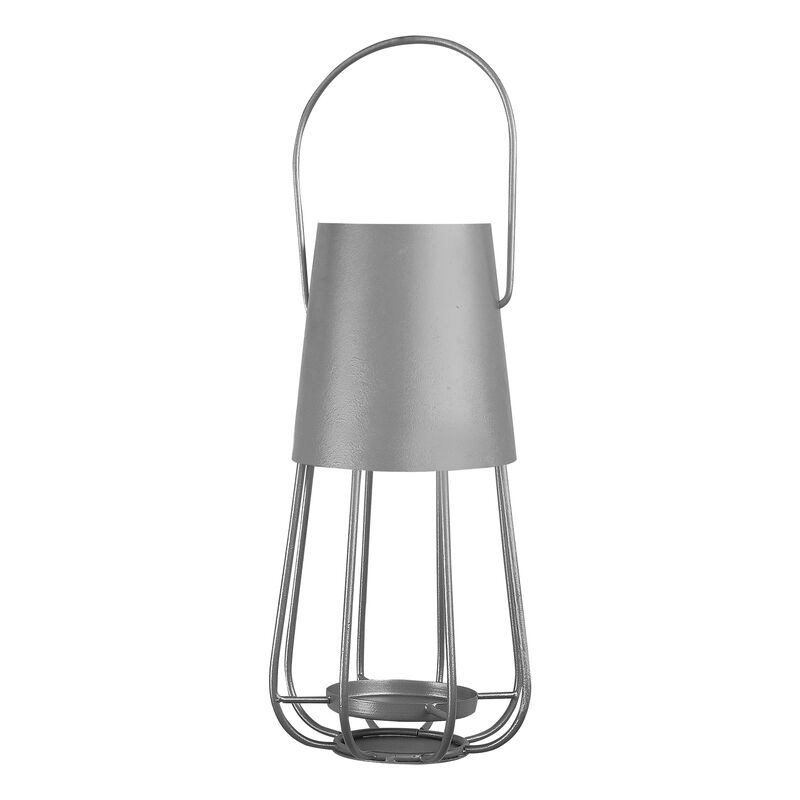 Ambient 12 Inch Vintage Style Iron Candle Stand Lantern, Sleek Curved Handle, Metallic Silver-Benzara