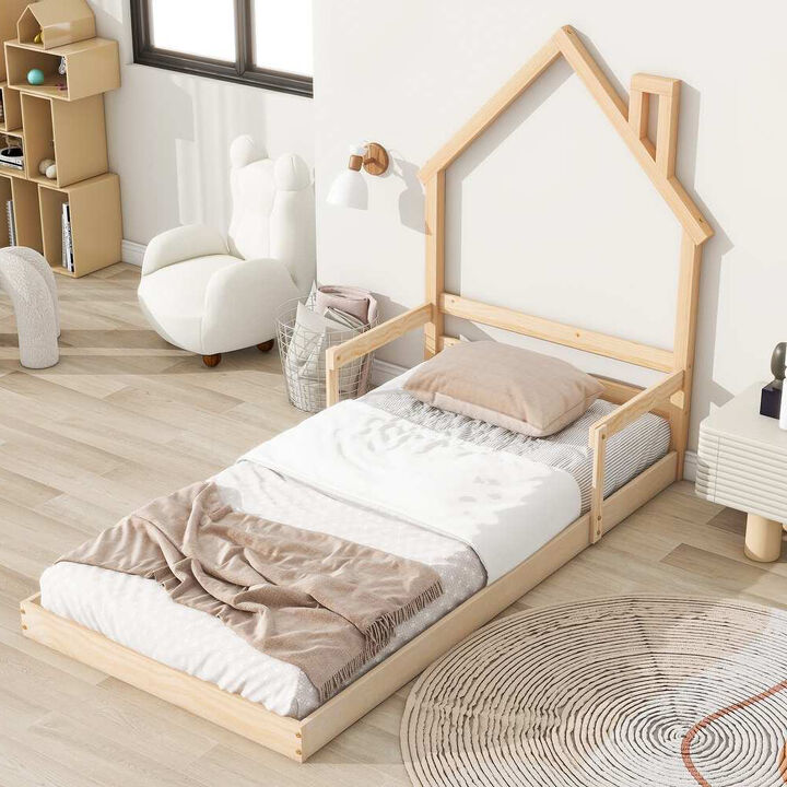 Floor Bed with Chimney and Headboard and Handrail