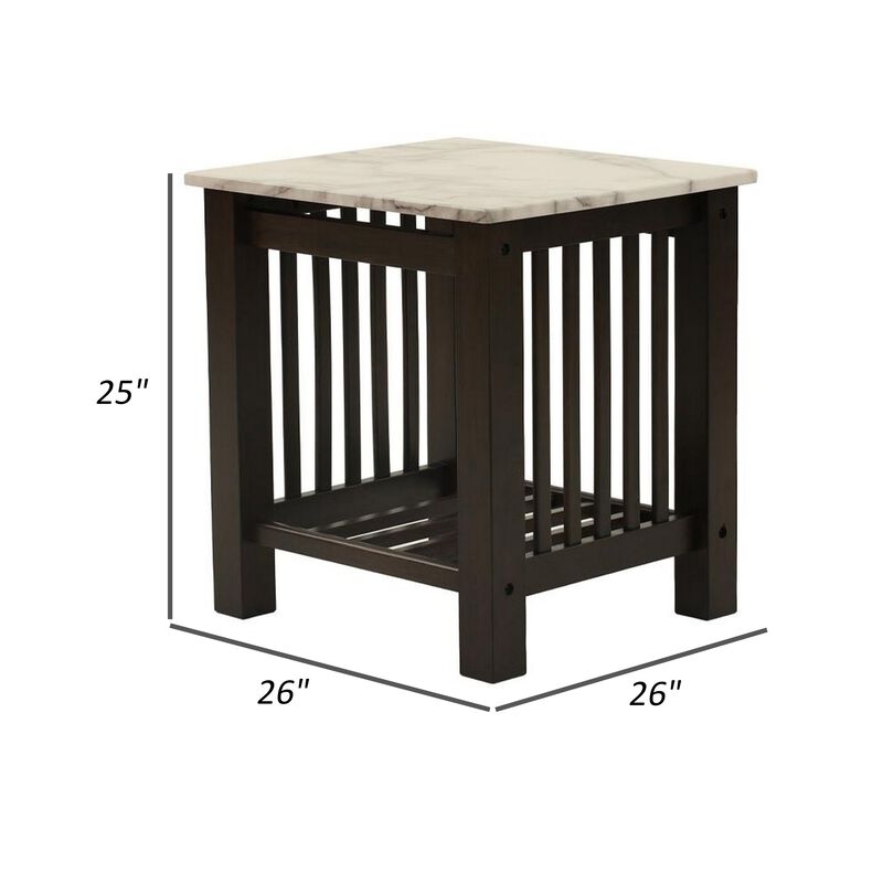 Moen 21 Inch Side End Table, White Faux Marble, Bottom Shelf, Black Wood - Benzara
