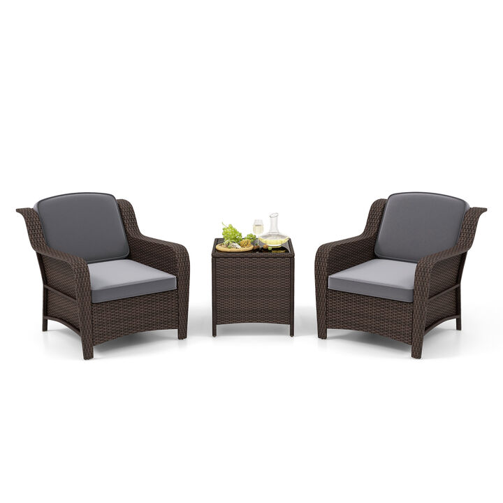 3 Pieces Outdoor Rattan Furniture Set with Cushions and Tempered Glass Coffee Table-Grey