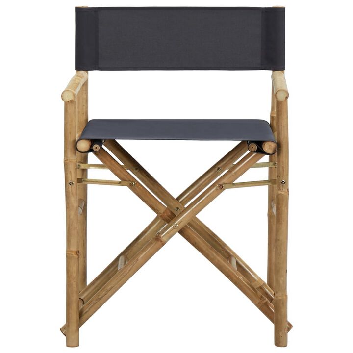 Folding Director's Chairs Set of 2, X Shape Base, Bamboo, Dark Gray - Benzara