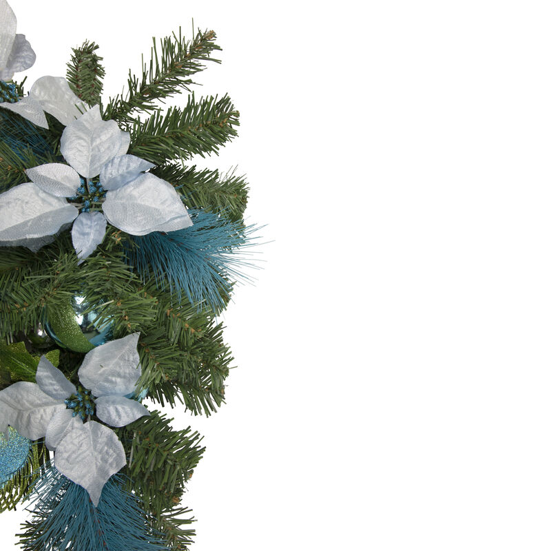 22" Peacock Feather and Poinsettia Artificial Christmas Teardrop Swag  Unlit