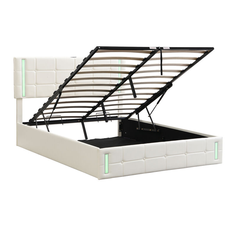 Queen Size Upholstered Bed With LED Lights, Hydraulic Storage System And USB Charging Station, White