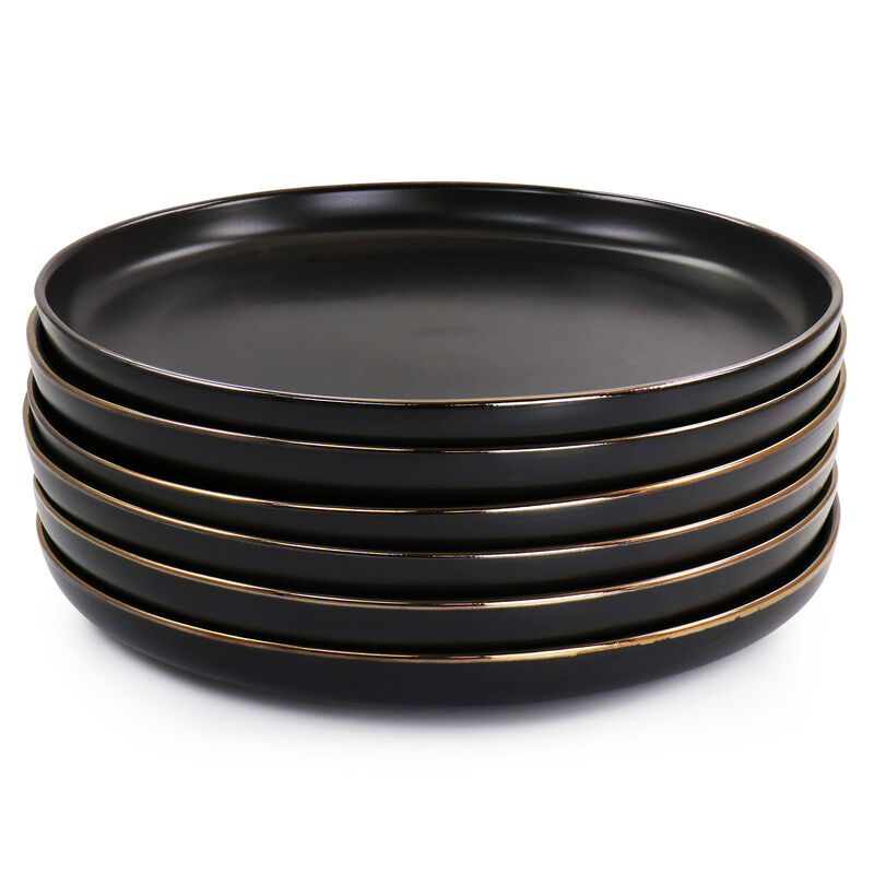 Elama Paul 6 Piece Stoneware Dinner Plate Set in Matte Black with Gold Rim