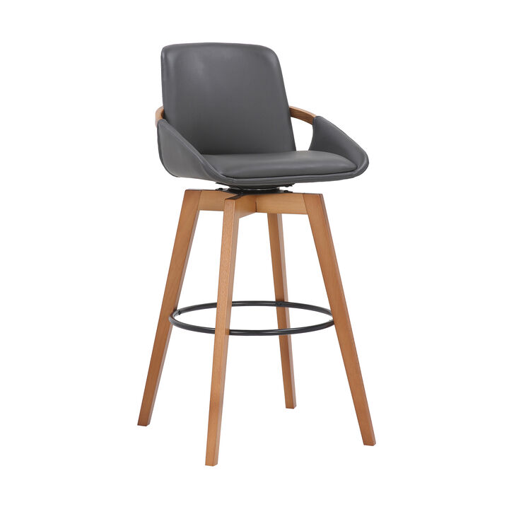 Baylor Gray Faux Leather and Black Wood Swivel Bar Stool