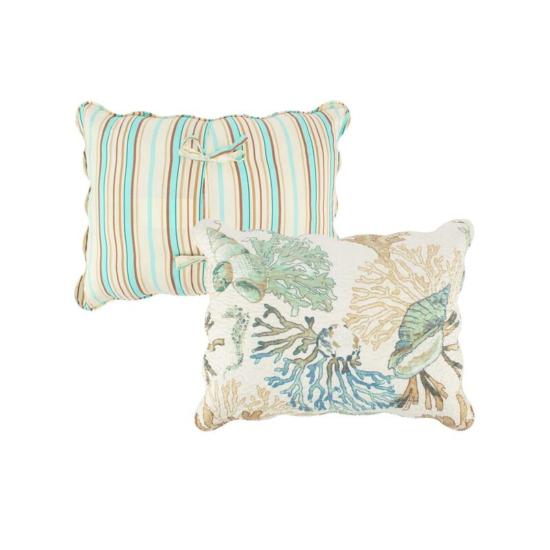 Wade 2pc Twin Quilt and Pillow Sham Set, Cotton Fill, Coastal Seashell Jade - Benzara