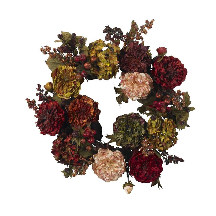 Nearly Natural 22-in Autumn Hydrangea Peony Wreath