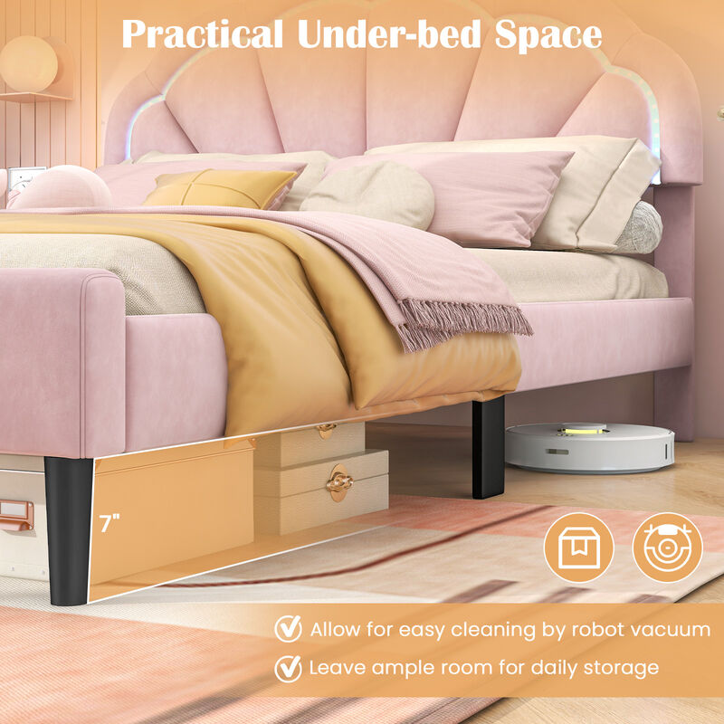 Upholstered LED Bed Frame with Adjustable Flower Headboard