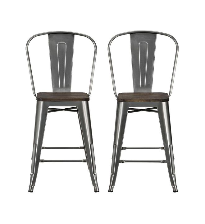 Atwater Living 24" Lainey Metal Counter Stool with Wood Seat, Set of 2, Steel Gray