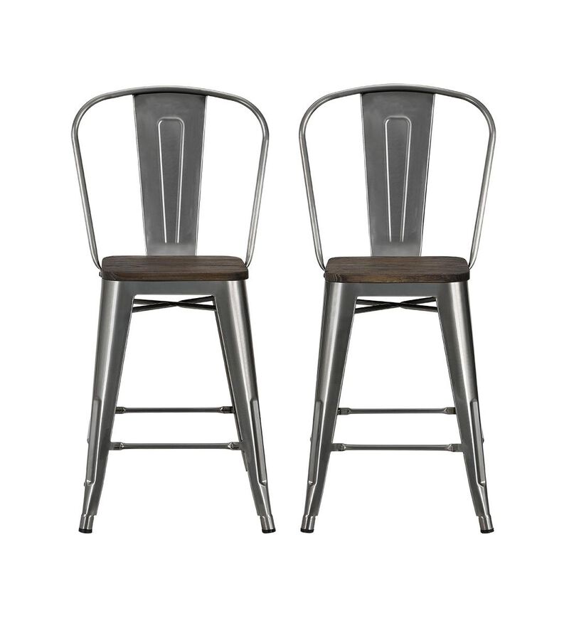 Atwater Living 24" Lainey Metal Counter Stool with Wood Seat, Set of 2, Steel Gray