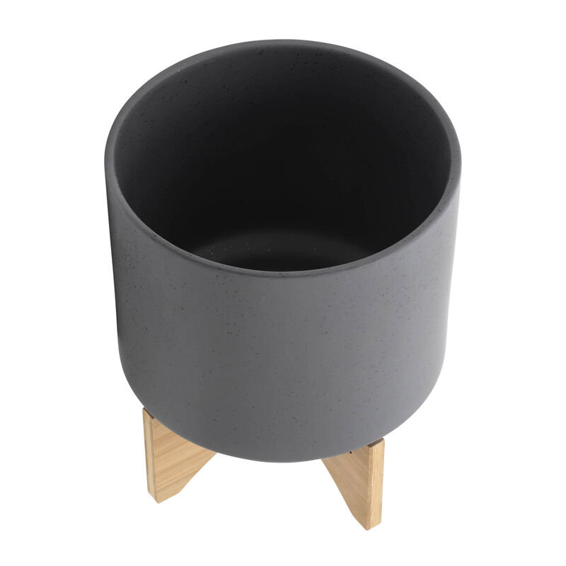 Planter with Wood Stand, Matte Gray