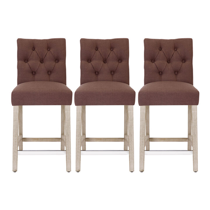 WestinTrends 24" Linen Fabric Tufted Upholstered Counter Stool (Set of 3), Antique Grey