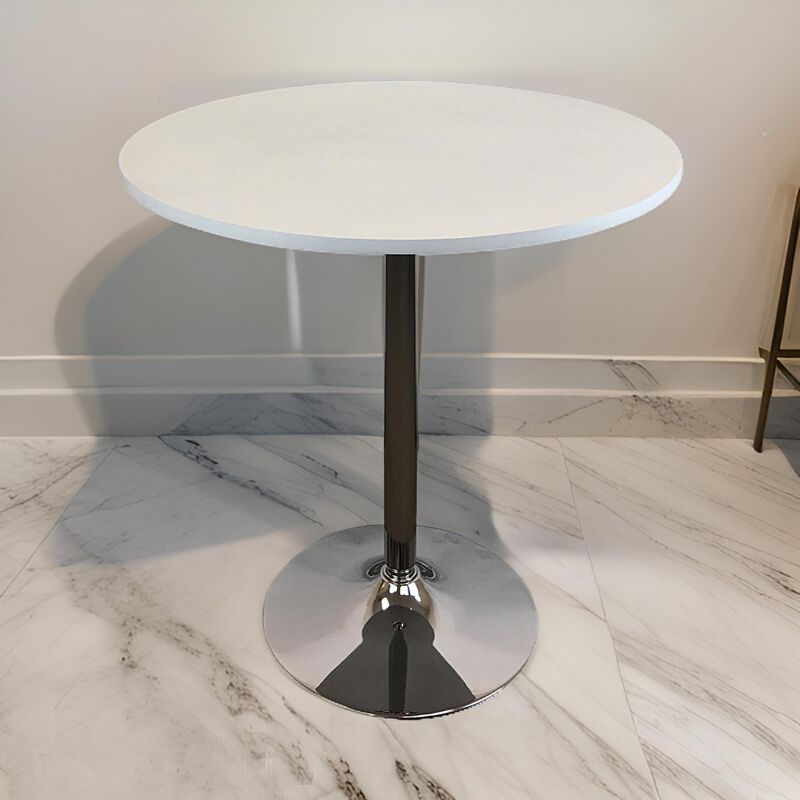 Mari 36 Inch Dining Table, Smooth White Round Top and Stainless Steel Base - Benzara