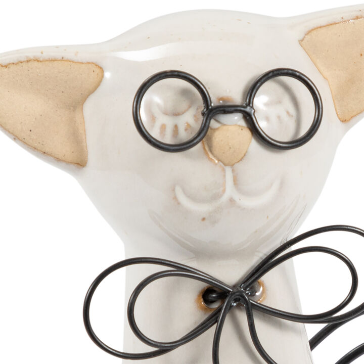 Cer, 8"h Cat W/ Glasses, Beige