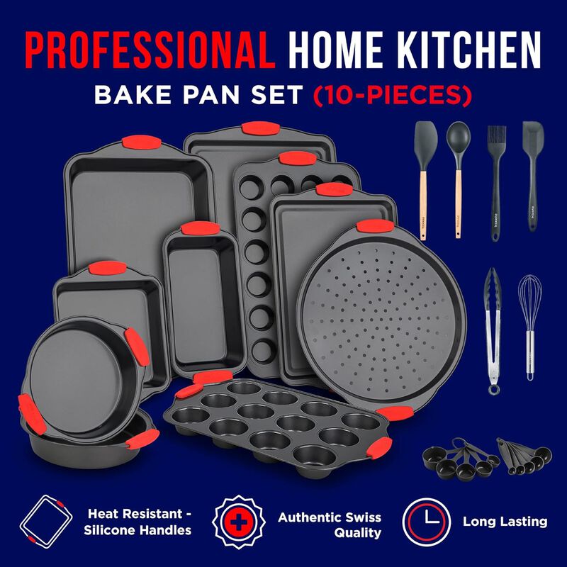 BAKKEN Kitchen Baking Pan Set - Nonstick Coating, Carbon Steel Bakeware Sets with Handles, Baking Kitchen Essentials, PFOA, PFOS, PTFE Free, Oven Safe Tray (Up To 450° F), Set of 18