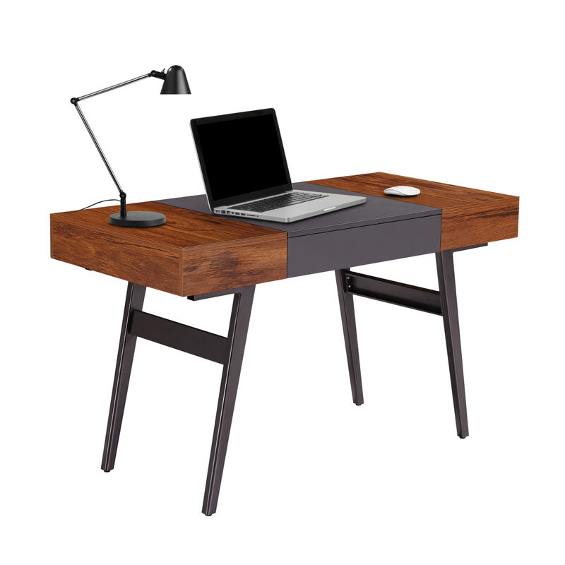 Writing Desk - Dual Side & Pull-Out Front Drawer - Coated Grey Steel Frame - Mahogany