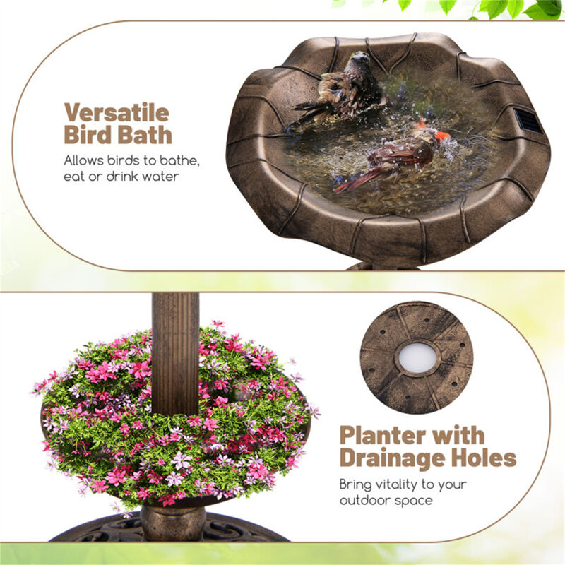 Outdoor Birdbath with Feeder & Solar Lamp, Freestanding Garden Decoration