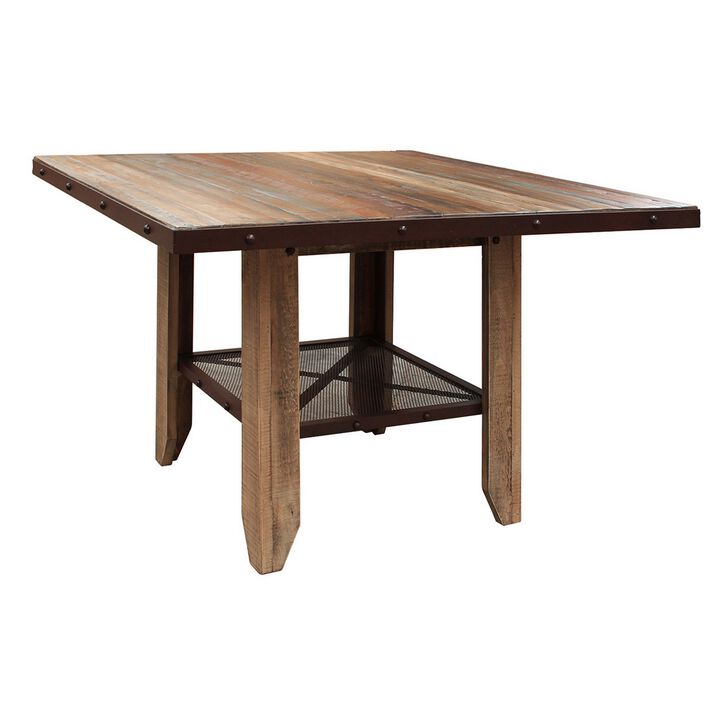 Fena 52 Inch Counter Height Dining Table, Iron Mesh Shelf, Multicolor Wood - Benzara