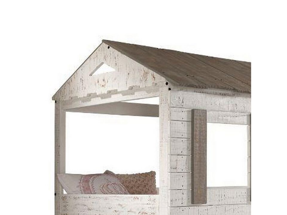 Wooden Twin Bunk Bed with House Design, White and Brown-Benzara