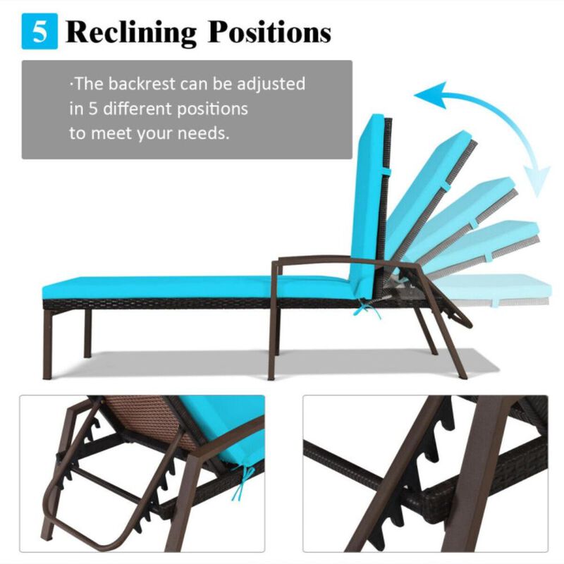 Hivvago 2 Pieces Patio Rattan Adjustable Back Lounge Chair with Armrest and Removable Cushions