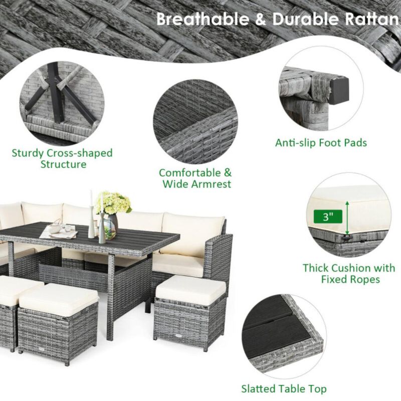 Hivvago 7 Pieces Outdoor Wicker Sectional Sofa Set with Dining Table