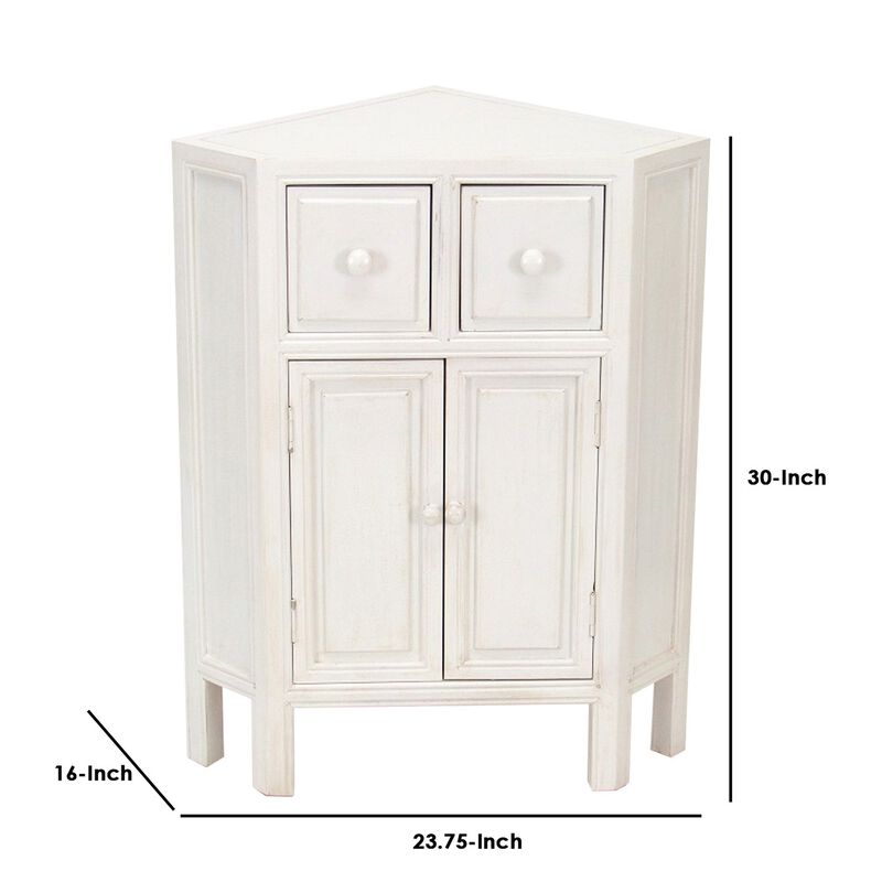 Wooden Corner Cabinet with 2 Drawers and 2 Doors, White - Benzara