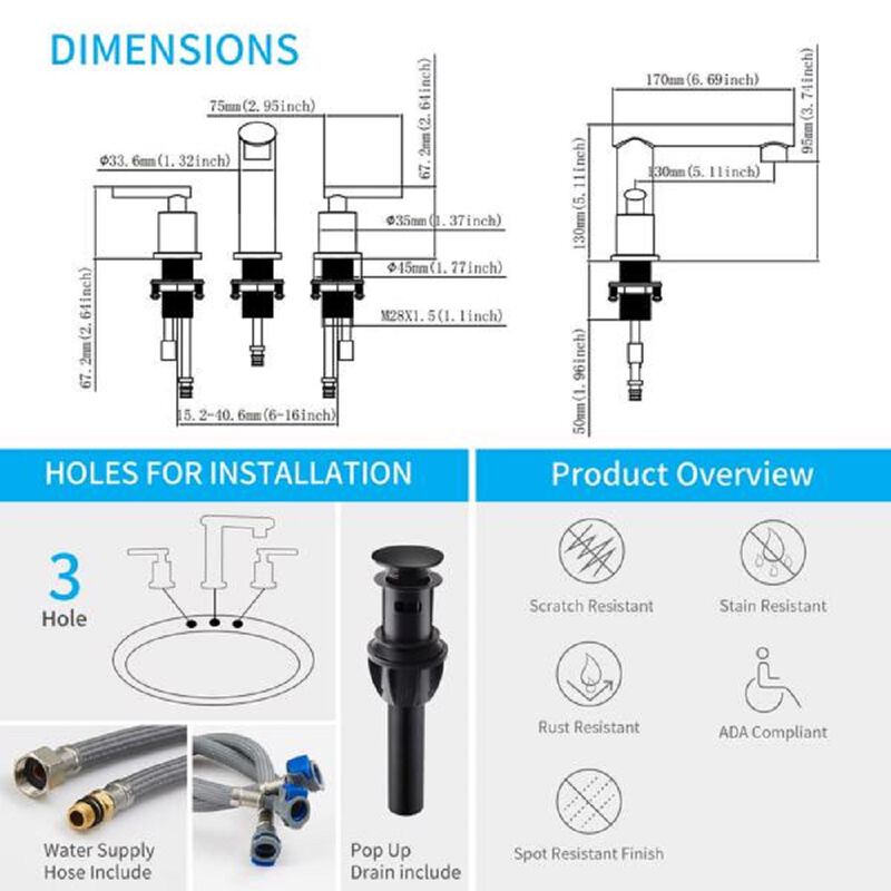 Widespread Vanity Faucet, 2-Handle Waterfall Bathroom Sink Faucet with Drain Assembly