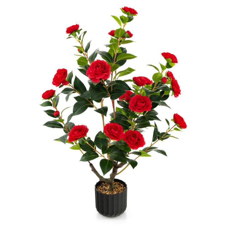 Hivvago 38 Inch Artificial Camellia Tree Faux Flower Plant in Cement Pot