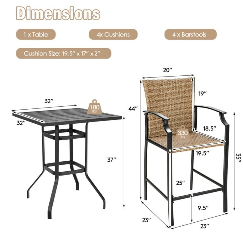 Hivvago 5 Pieces Outdoor Rattan Bistro Bar Stool Table Set with Cushions