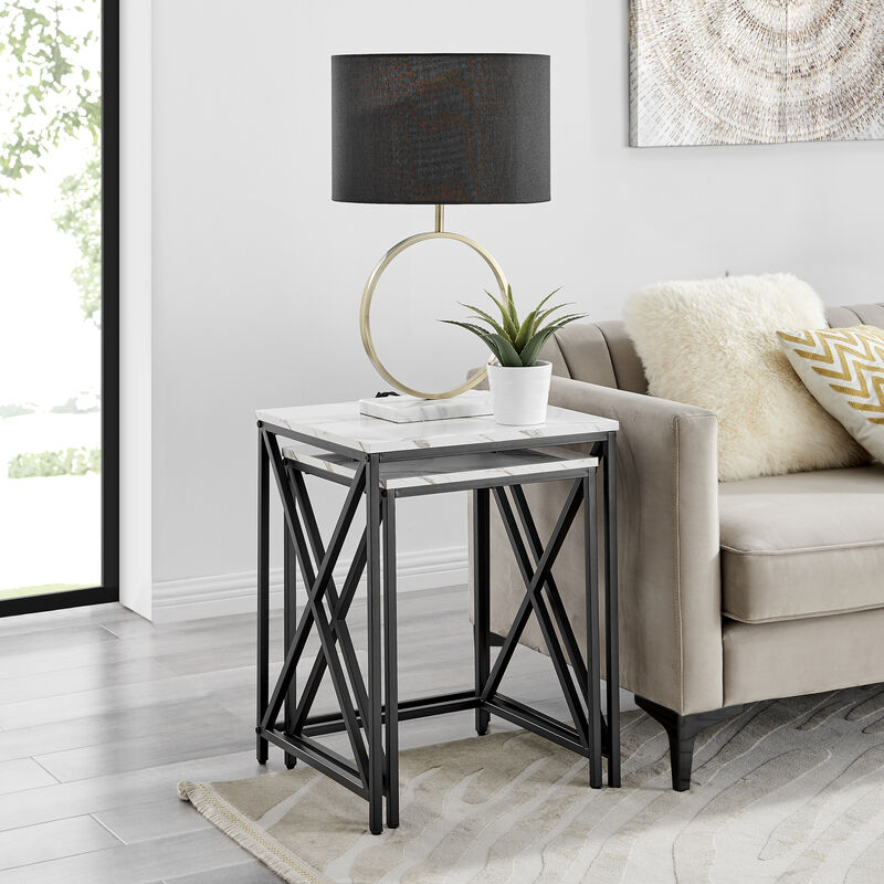 Modern Square Marble Finish Veneer Top Black Metal Frame Nesting End Tables - Set of 2