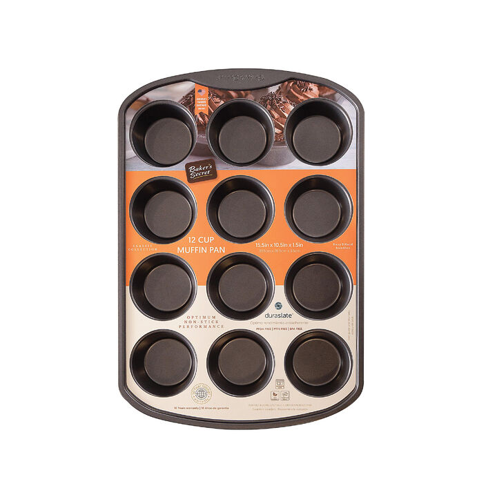 Baker's Secret 12Cup Muffin Pan, Thick Carbon Steel & Non-stick Coating, 15.5", Dark Gray Classic Line, Cupcake and Muffin Baking Essentials, Carbon Steel