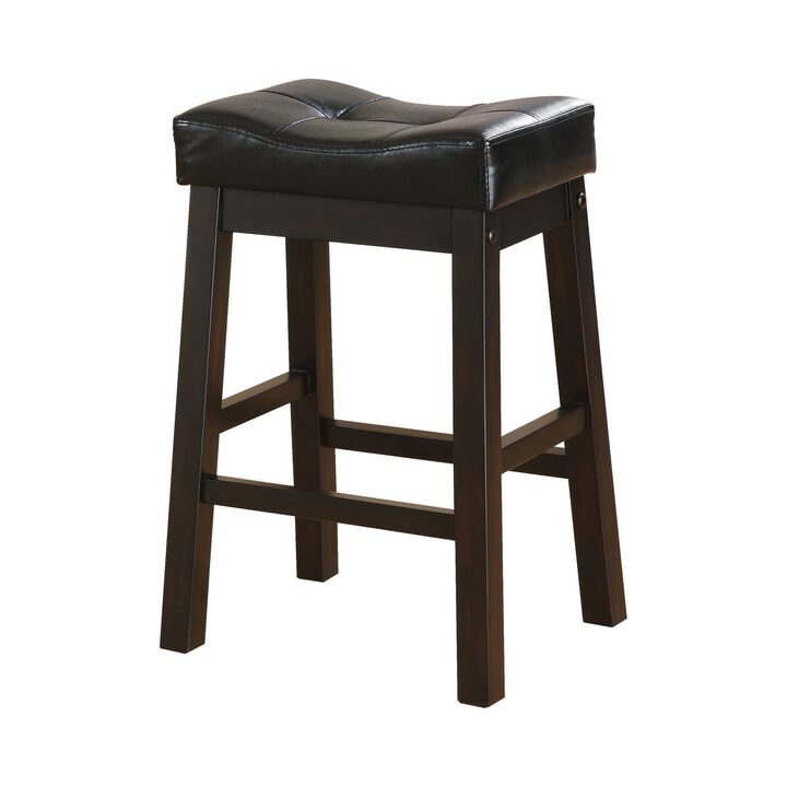 25 Inch Set of 2 Counter Height Stools, Brown Faux Leather Saddle Seat - Benzara