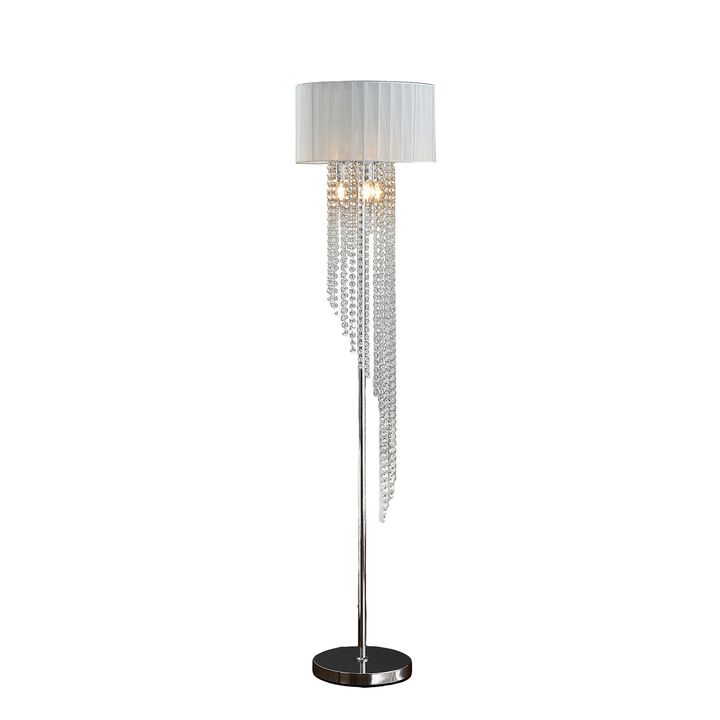Mero Floor Lamp, Suspended Crystal Rain Chains, White Shade, 66 Inch  - Benzara