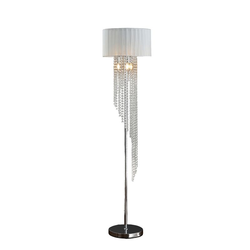 Mero Floor Lamp, Suspended Crystal Rain Chains, White Shade, 66 Inch  - Benzara