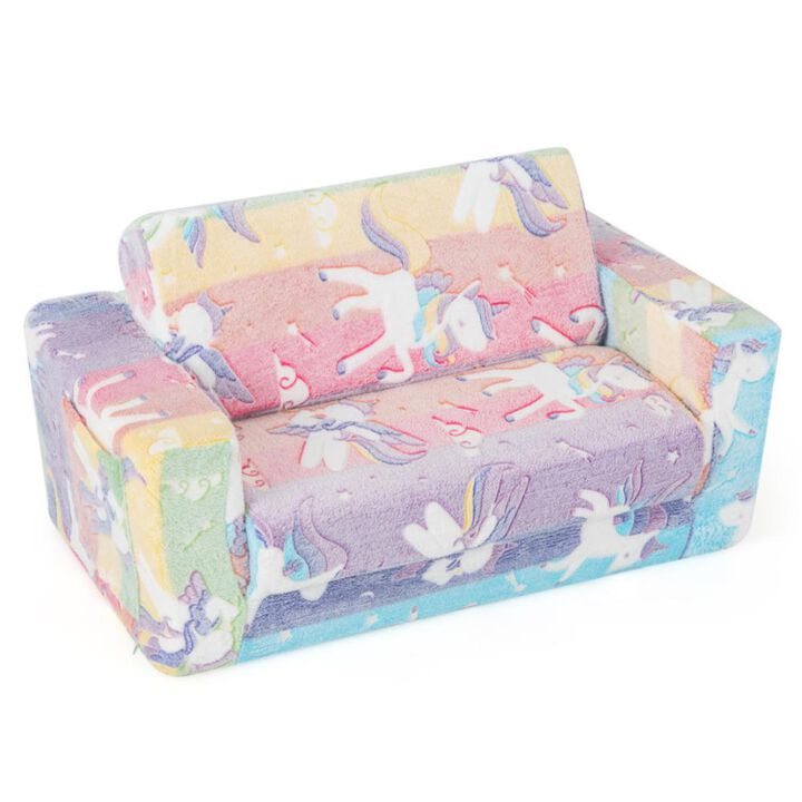 Hivvago 2-in-1 Flip Out Kids Sofa Chair with Detachable Flannel Fabric Cover and Glowing Patterns-Color