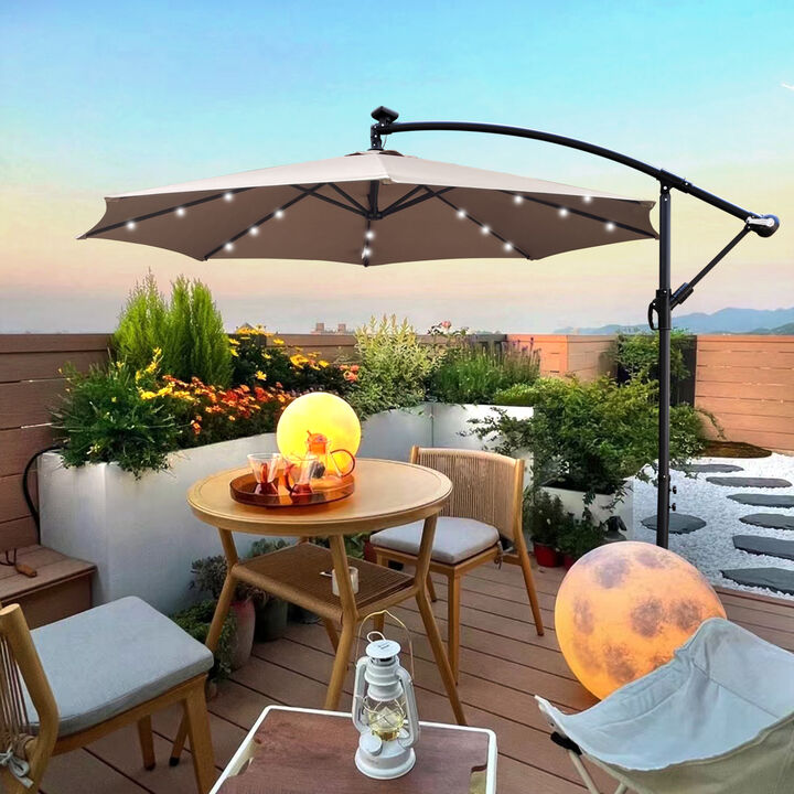 10ft LED Solar Patio Umbrella with Crank and Cross Base