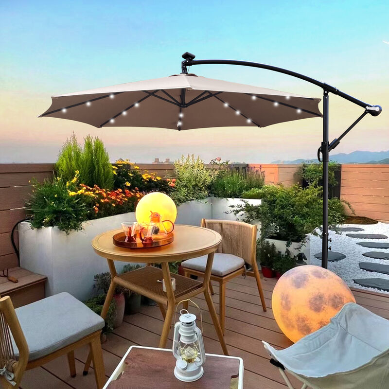 10ft LED Solar Patio Umbrella with Crank and Cross Base