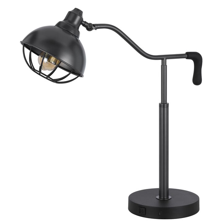 Loga 27 Inch Desk Lamp w Adjustable Cage Style Shade, Black Iron - Benzara