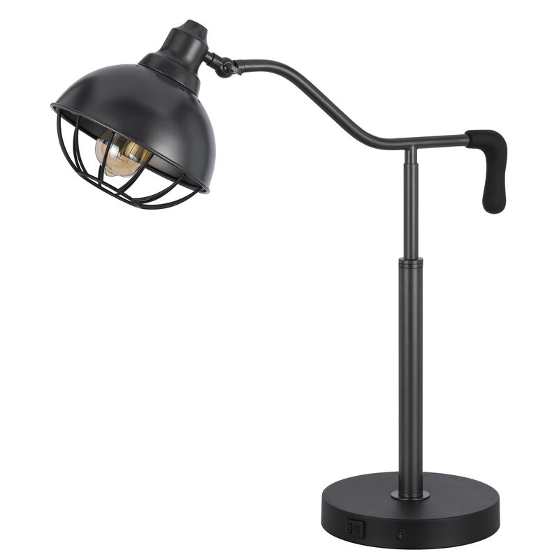 Loga 27 Inch Desk Lamp w Adjustable Cage Style Shade, Black Iron - Benzara