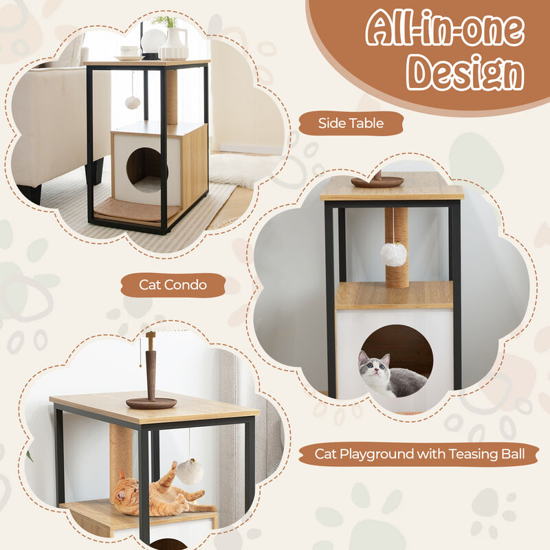 Cat Furniture End Table with Cat House and Scratching Post – Stylish Pet Furniture