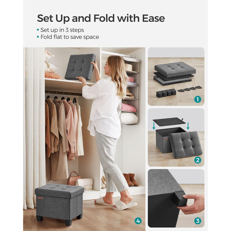 Collapsible Cube Storage Ottoman Foot Stool Comfortable Seat with Wooden Feet and Lid, Soft Padding