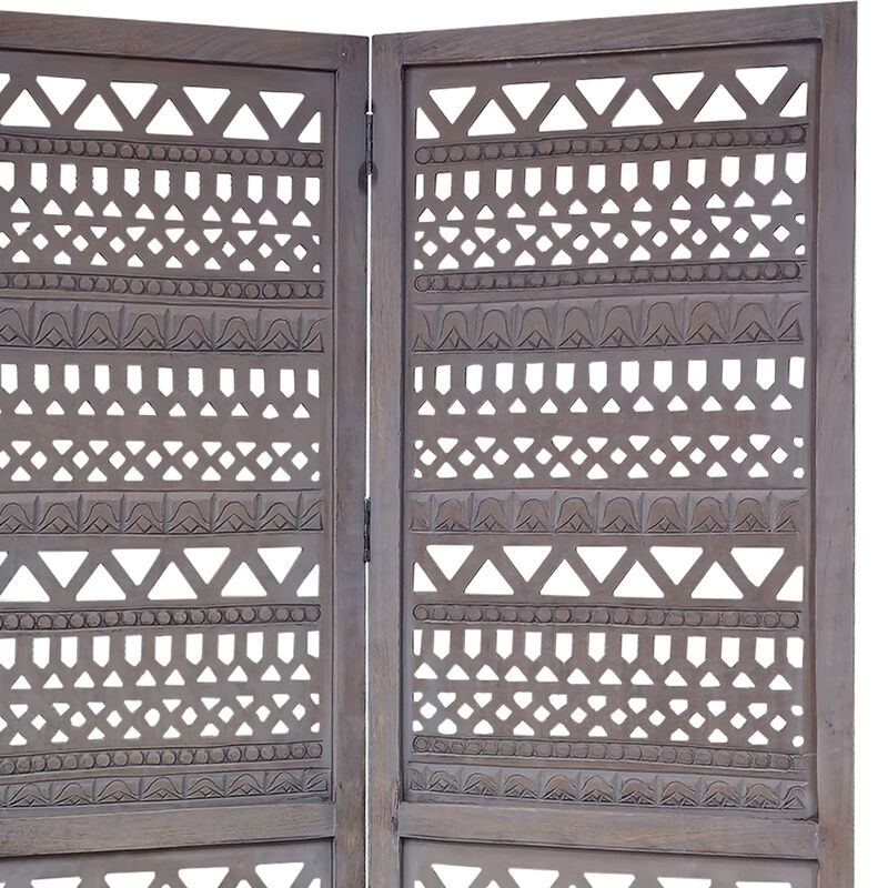 Karma 3 Panel Folding Room Divider Screen, Antique Gray Mango Wood, Inticate Cut out Geometric Design
