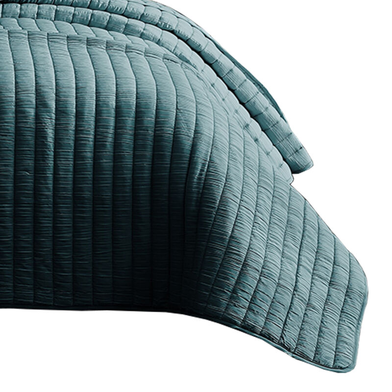 3 Piece Crinkle King Coverlet Set with Vertical Stitching, Turquoise Blue-Benzara