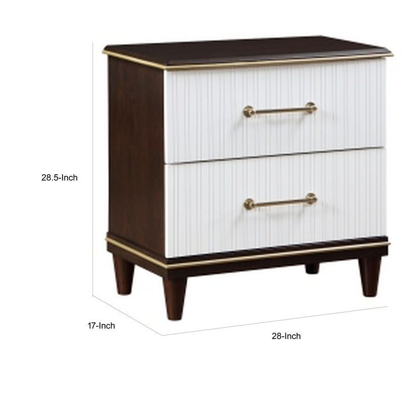 Shim 29 Inch Nightstand with 2 Drawers, Gold, White, and Cherry Brown Wood - Benzara