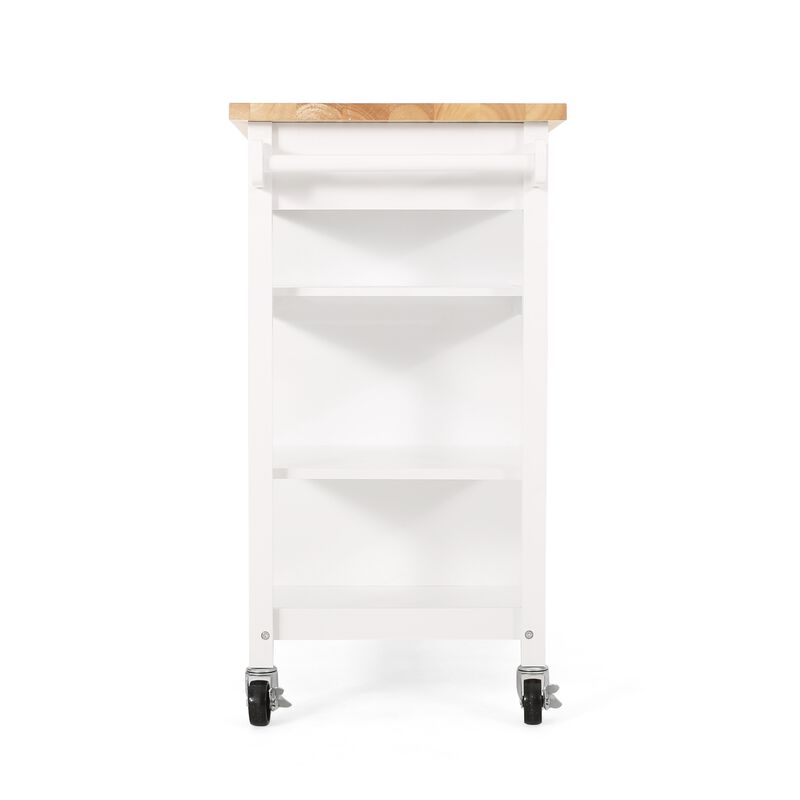 Alex Rolling Kitchen Island Bar Cart with Shelves, Brown Wood, White - Benzara